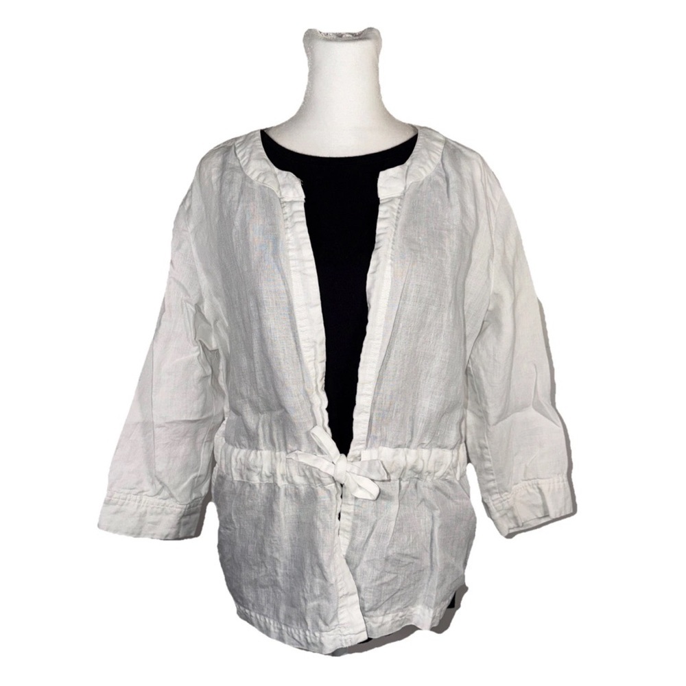 Willi Smith 100% Linen Jacket Women's Size L White 3/4 Sleeves Tie Waist